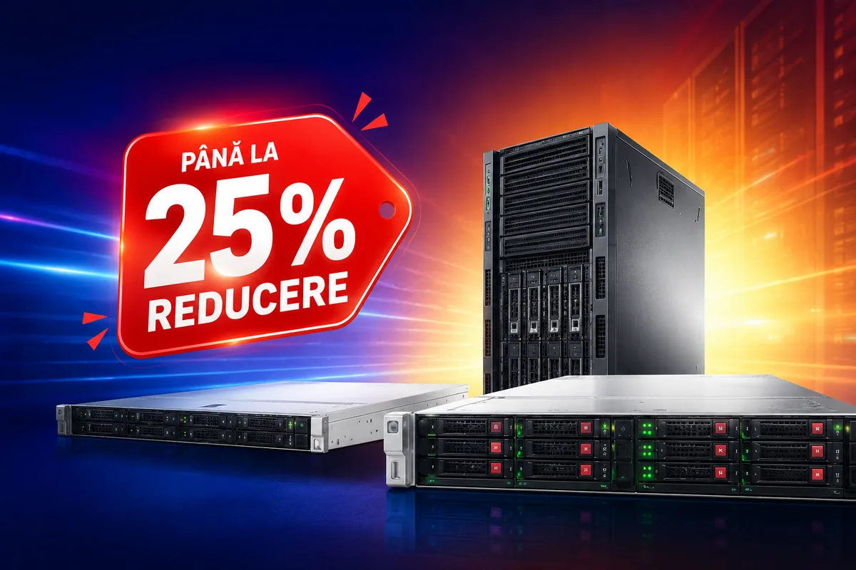 Imagine promoțională pentru reduceri la servere și periferice, cu servere rack și tower profesionale pe un fundal de centru de date iluminat și o etichetă mare de reducere de până la 25%.