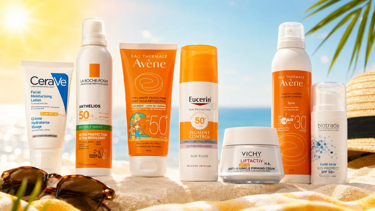 Produse de protecție solară SPF 30 și SPF 50+ de la CeraVe, La Roche-Posay, Avène, Eucerin, Vichy și Biotrade, expuse pe un fundal însorit de plajă.