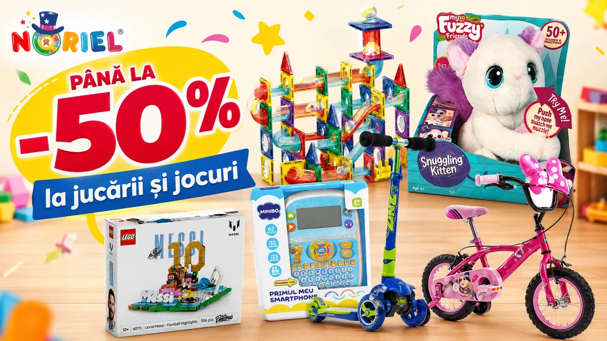Reduceri de până la 50% la jucării și jocuri Noriel, cu set magnetic de construcție, pluș interactiv, trotinetă, bicicletă și jucării educative.