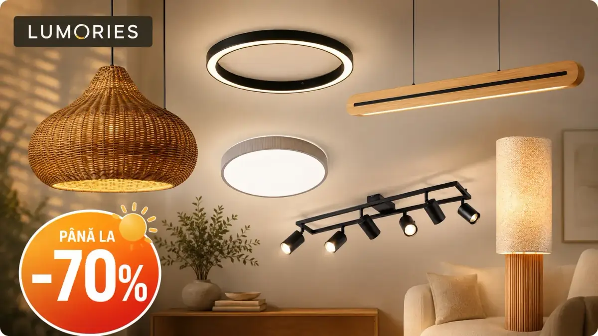 Reduceri de până la 70% la corpuri de iluminat Lumories – lustre, plafoniere, spoturi și lampadare pentru casă.