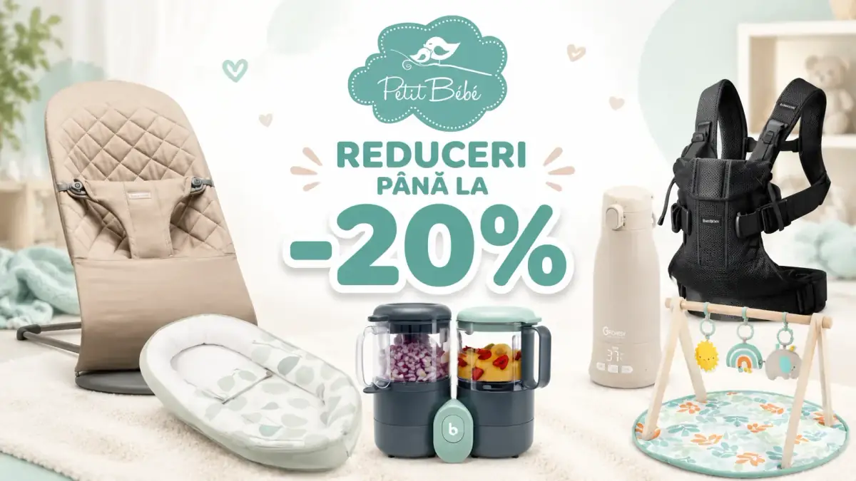 Petit Bebe – reduceri de până la 20% la produse pentru bebeluși, inclusiv balansoar, marsupiu, cuib, aparat pentru prepararea hranei și centru de activități.