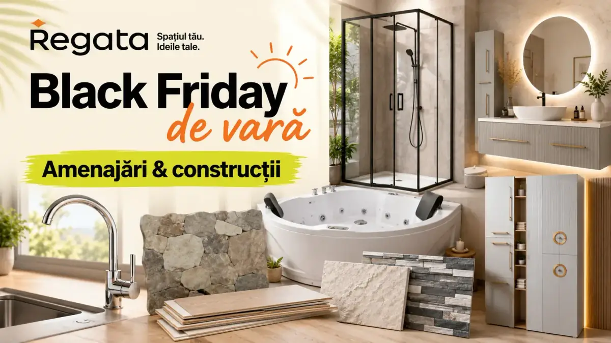 Banner promoțional Regata „Black Friday de vară” pentru amenajări și construcții, cu parchet laminat, mobilier de baie, gresie cu aspect de marmură și plăci decorative pentru perete.