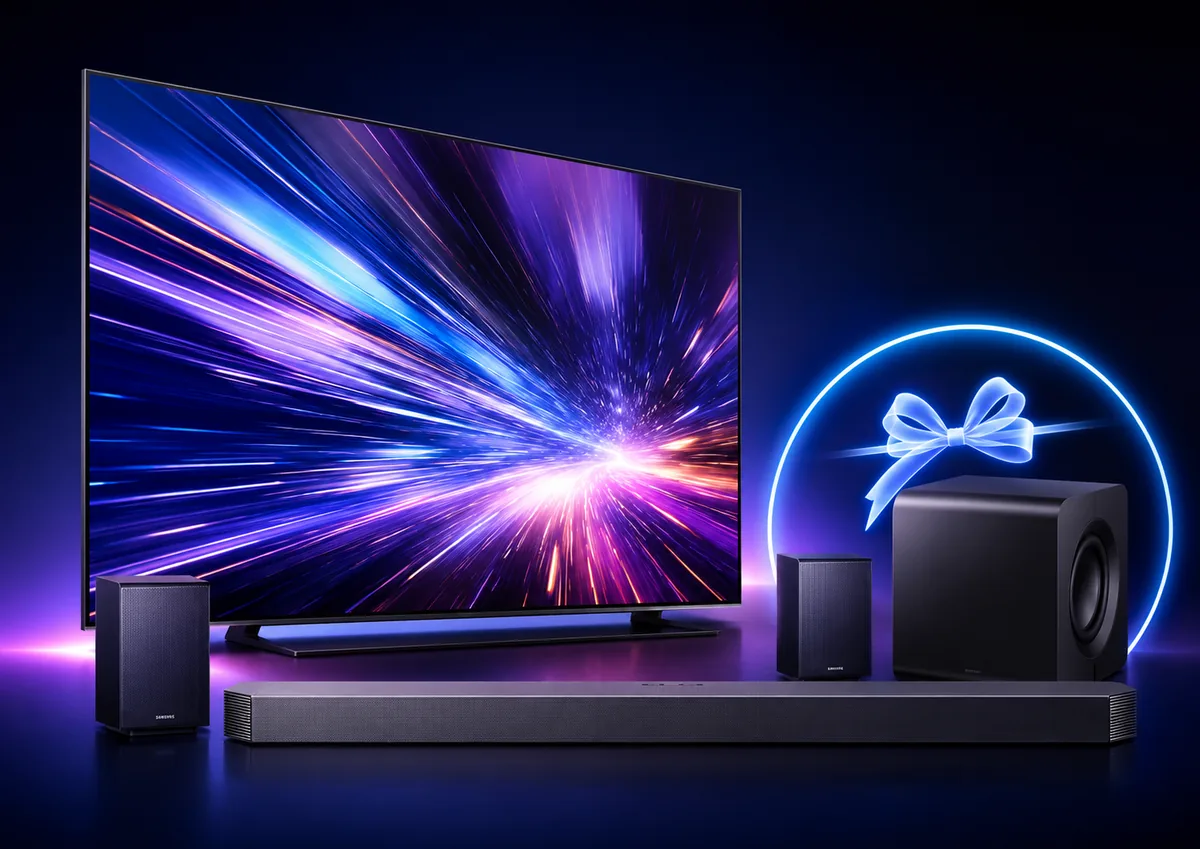 Televizor Samsung alături de un sistem soundbar cu boxe și subwoofer, oferit cadou în cadrul promoției.