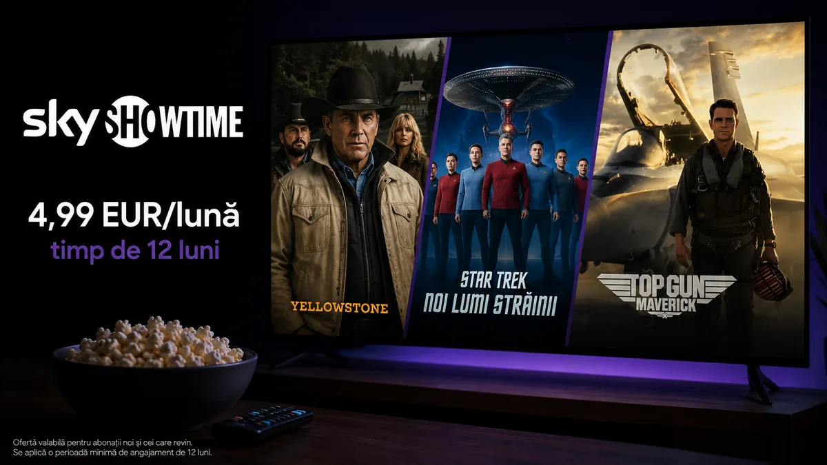 Banner promoțional SkyShowtime cu abonament la 4,99 EUR/lună timp de 12 luni și imagini din Yellowstone, Star Trek și Top Gun: Maverick afișate pe un televizor.
