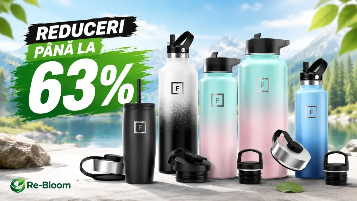 Reduceri de până la 63% la sticle și pahare termice IRON FLASK Re-Bloom, în mai multe culori și dimensiuni.