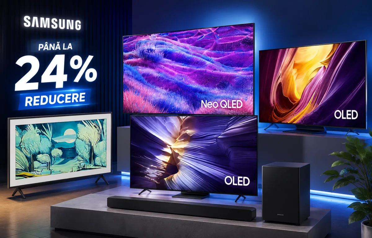 Promoție Samsung la televizoare: mai multe modele Neo QLED, OLED și The Frame expuse într-un showroom modern, alături de un soundbar, evidențiind reduceri de până la 24%.