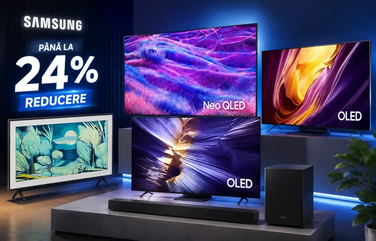 Promoție Samsung la televizoare: mai multe modele Neo QLED, OLED și The Frame expuse într-un showroom modern, alături de un soundbar, evidențiind reduceri de până la 24%.