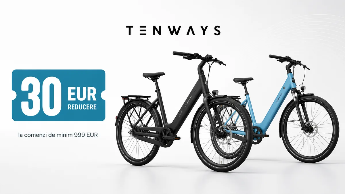 Două biciclete electrice Tenways, una neagră și una albastră, prezentate într-un banner promoțional cu reducere de 30 EUR la comenzi de minimum 999 EUR.
