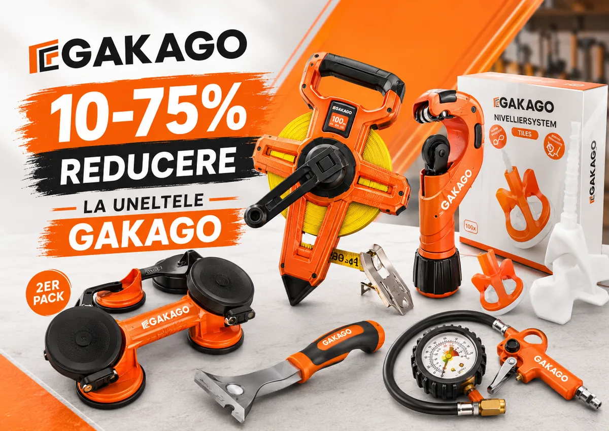 Unelte și accesorii Gakago portocalii, prezentate într-un banner promoțional cu reduceri între 10% și 75%.