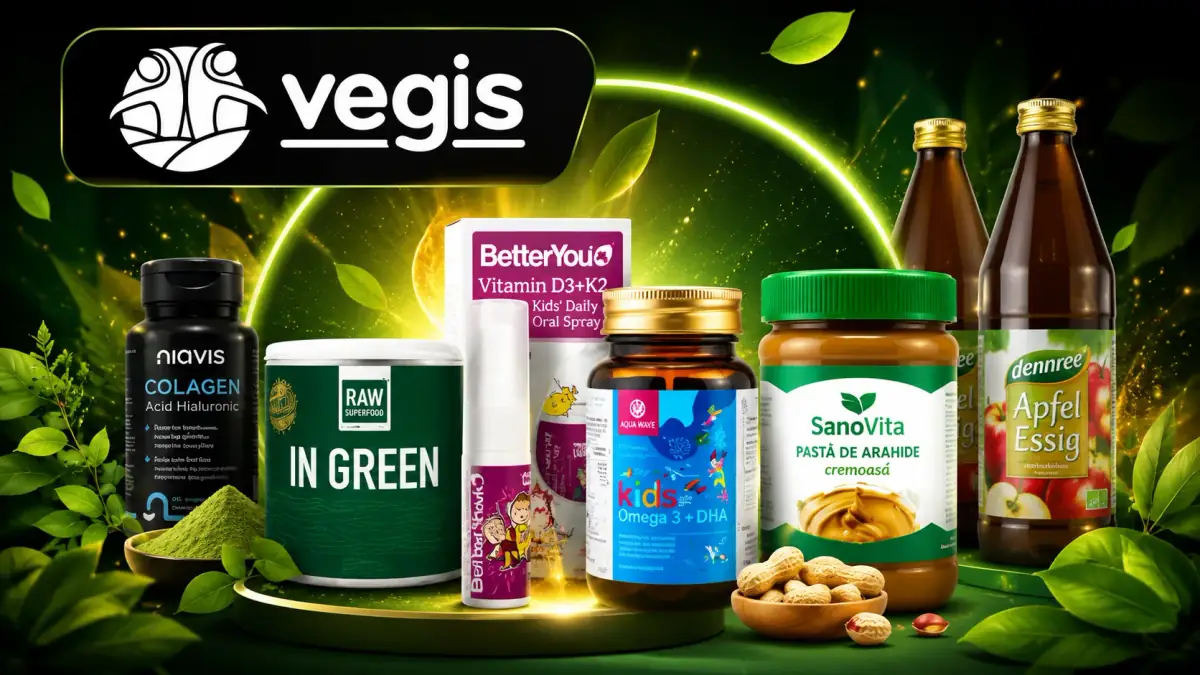 Produse naturiste și bio Vegis, cu suplimente pentru adulți și copii, superalimente, unt de arahide și oțet de mere.