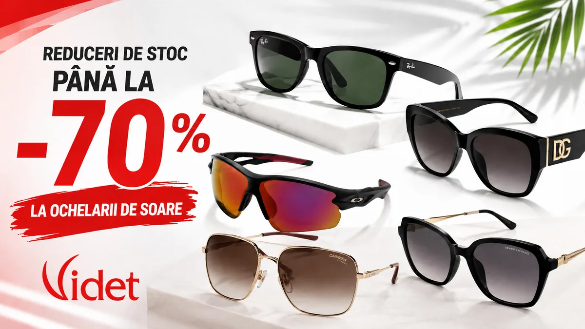 Reduceri de stoc de până la 70% la ochelari de soare Videt, cu modele de la branduri cunoscute precum Ray-Ban, Dolce & Gabbana, Carrera și Armani Exchange.