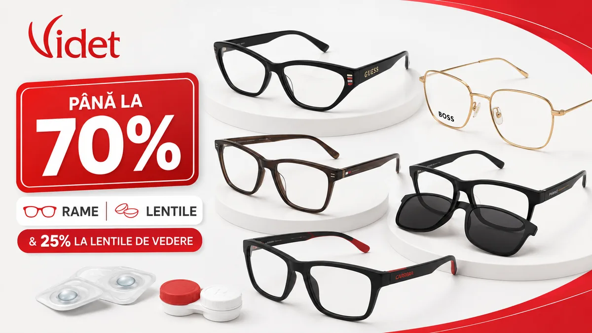 Reduceri Videt de până la 70% la rame de ochelari și 25% la lentile de vedere, cu modele Guess, Hugo Boss, Tommy Hilfiger, Polaroid și Carrera.