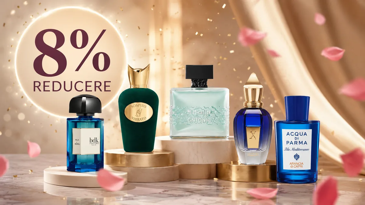 Colecție de parfumuri premium, prezentată într-un decor elegant, cu reducere de 8%.