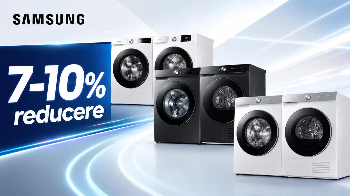 Pachete Samsung cu mașini de spălat și uscătoare, disponibile cu reduceri de 7–10%.