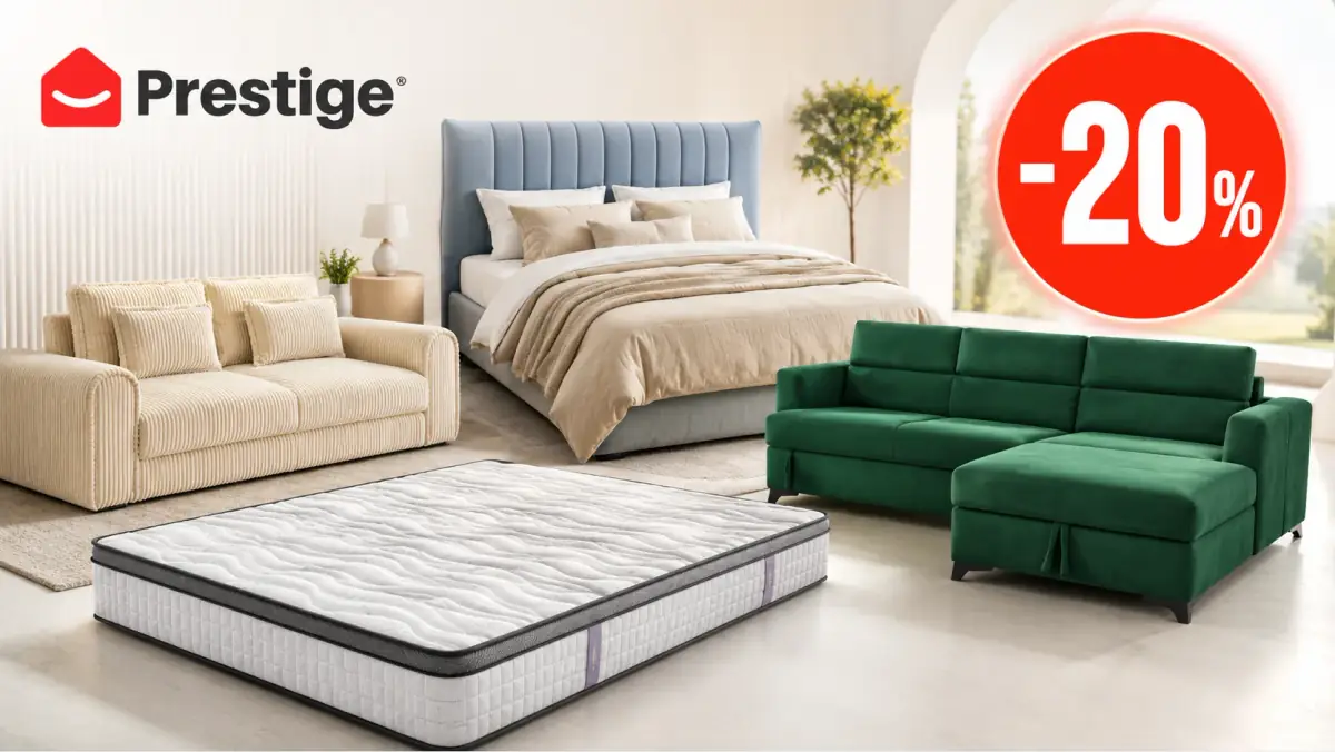 Reduceri de până la 20% la Prestige Home, cu pat tapițat, saltea, canapea bej și colțar verde expuse într-un interior modern