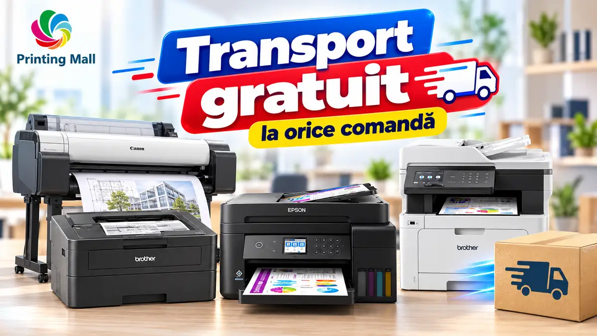 Imprimante Brother, Epson și plotter Canon, alături de un colet și mesajul „Transport gratuit la orice comandă”.