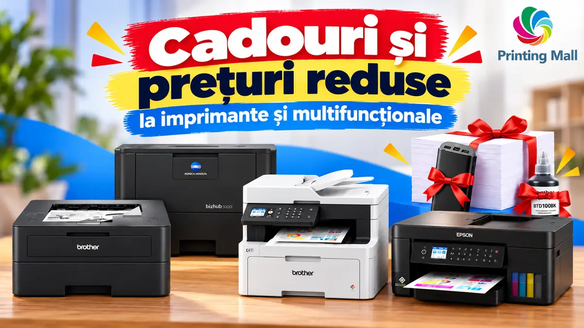 Imprimante Brother, Epson și Konica Minolta, alături de cadouri și mesajul „Cadouri și prețuri reduse” la Printing Mall.
