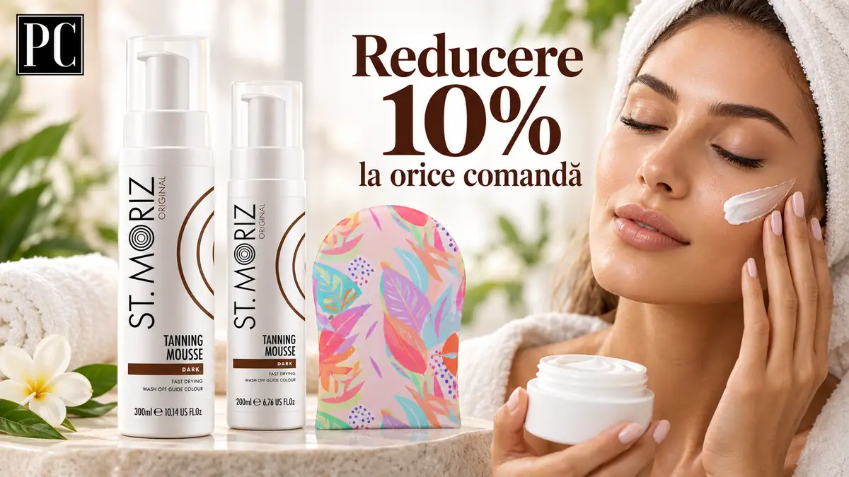 Produse ST. Moriz, mănușă colorată și femeie aplicând cremă, cu textul „Reducere 10% la orice comandă”.