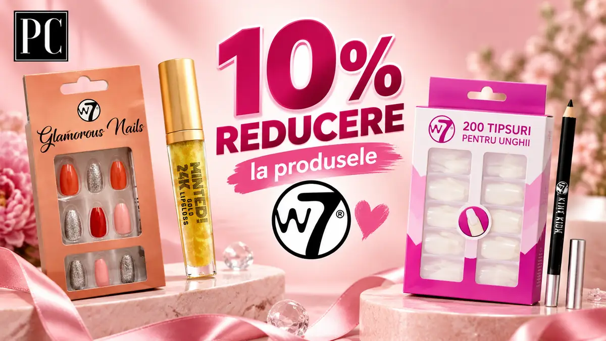 Produse W7 pentru unghii, lip gloss auriu și creion de ochi, alături de mesajul 10% reducere.