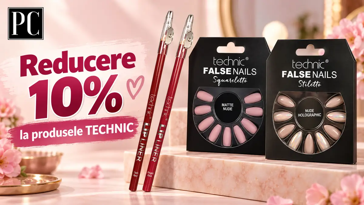 Reducere 10% la produse TECHNIC, cu două creioane de buze și două seturi de unghii false, logo PC.