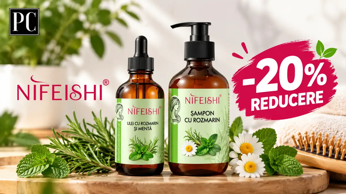 Ulei și șampon NIFEISHI cu rozmarin și mentă, plante și flori, logo PC și mesaj „-20% reducere”.
