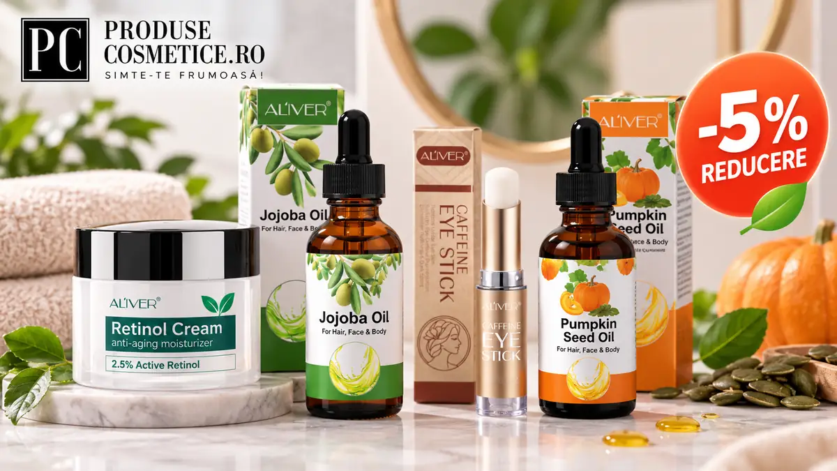 Produse ALIVER pentru îngrijire, cu uleiuri, cremă cu retinol și stick pentru ochi, alături de reducere 5%.
