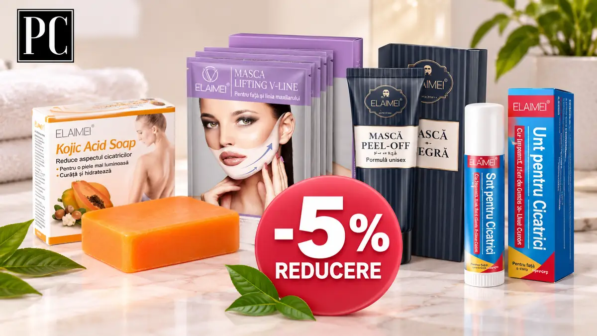 Produse cosmetice ELAIMEI expuse pe fundal spa, cu logo PC și insignă roșie „-5% reducere”.