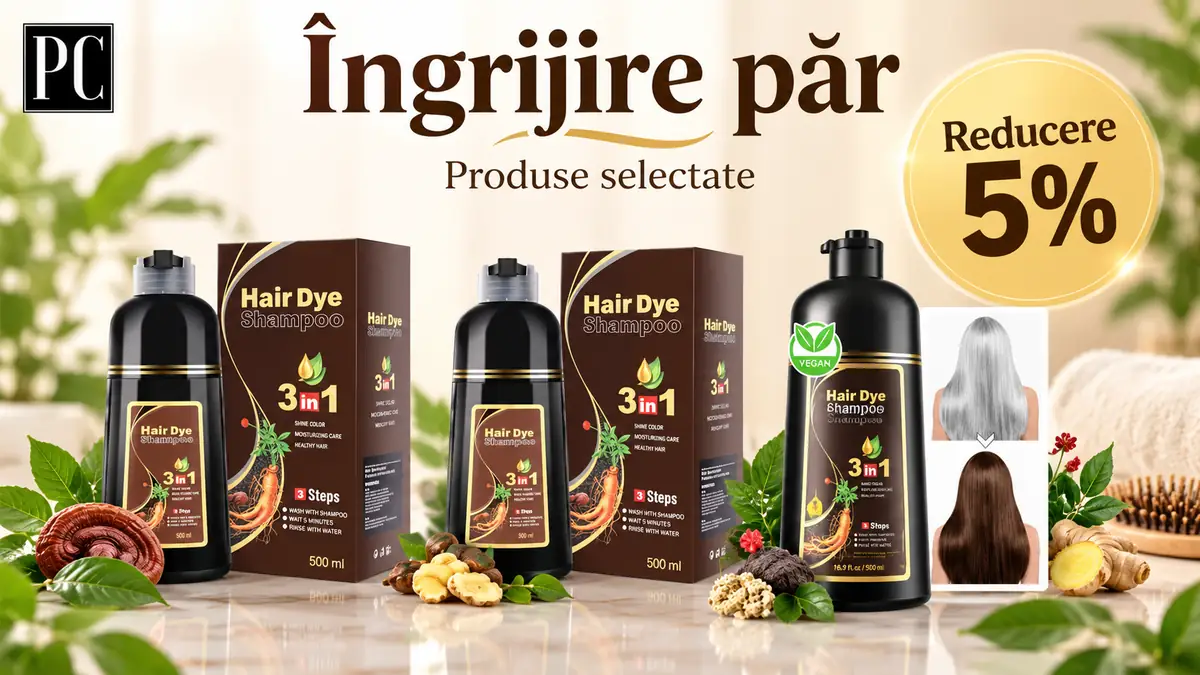 Produse pentru îngrijirea părului, șampon colorant 3 în 1, plante decorative și reducere de 5%.