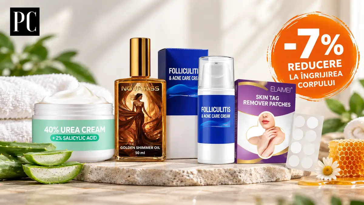 Produse pentru îngrijirea corpului, aloe și miere, cu logo PC și badge portocaliu „-7% reducere”.