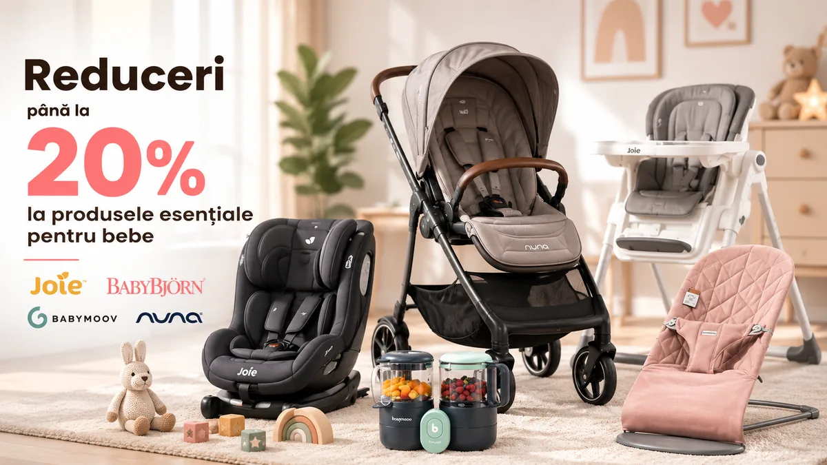 Cărucior, scaun auto, scaun de masă și balansoar pentru bebeluși în ofertă, evidențiind reducerile la produsele esențiale pentru bebe.