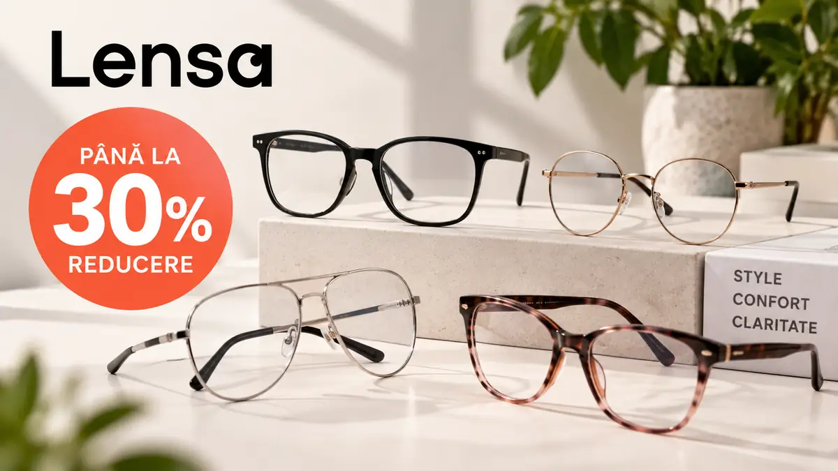 Rame de ochelari Lensa expuse elegant, cu mesaj promoțional „Până la 30% reducere”.