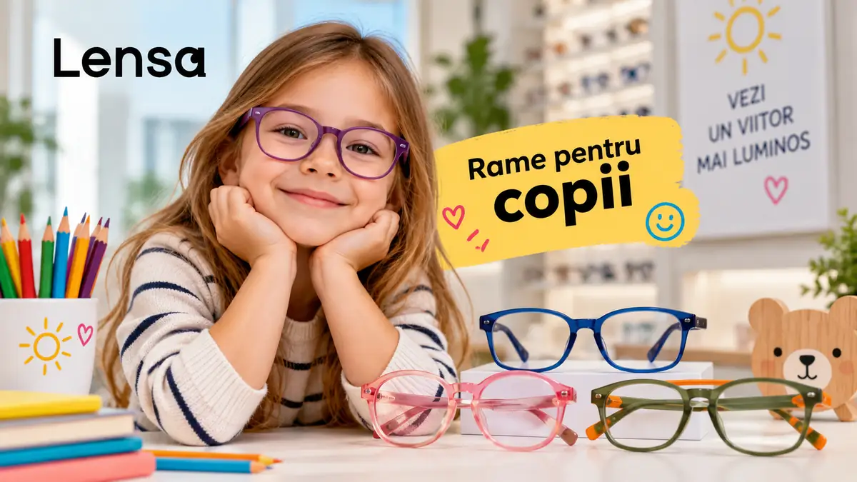 Fetiță cu ochelari mov Lensa, alături de rame colorate pentru copii într-un decor luminos.