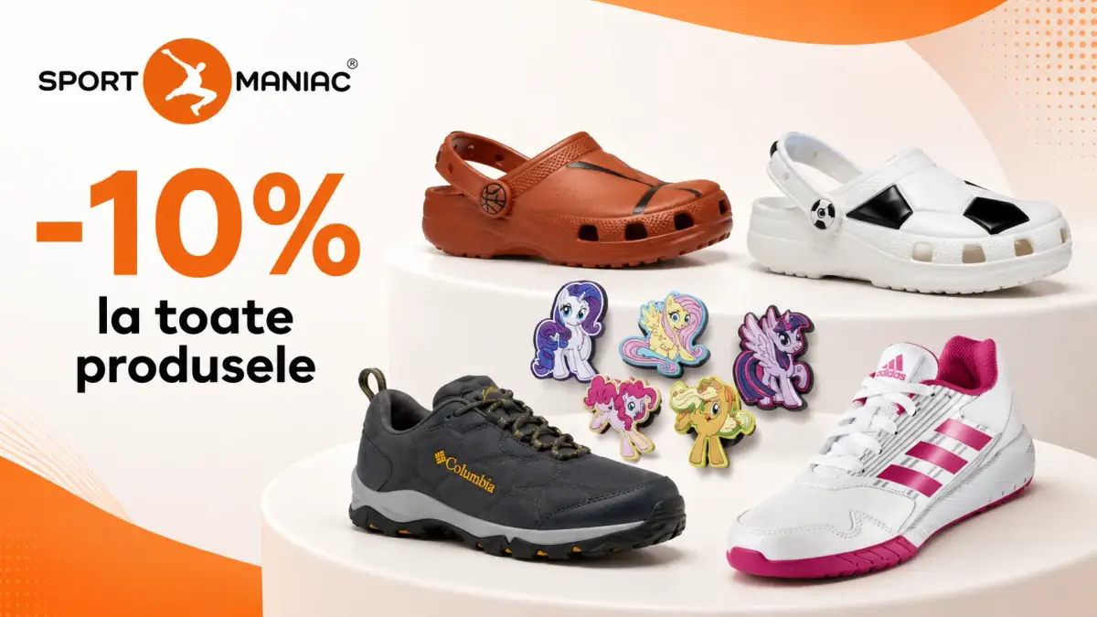 Promo SportManiac cu -10% la toate produsele, pantofi sport, saboți și accesorii colorate.