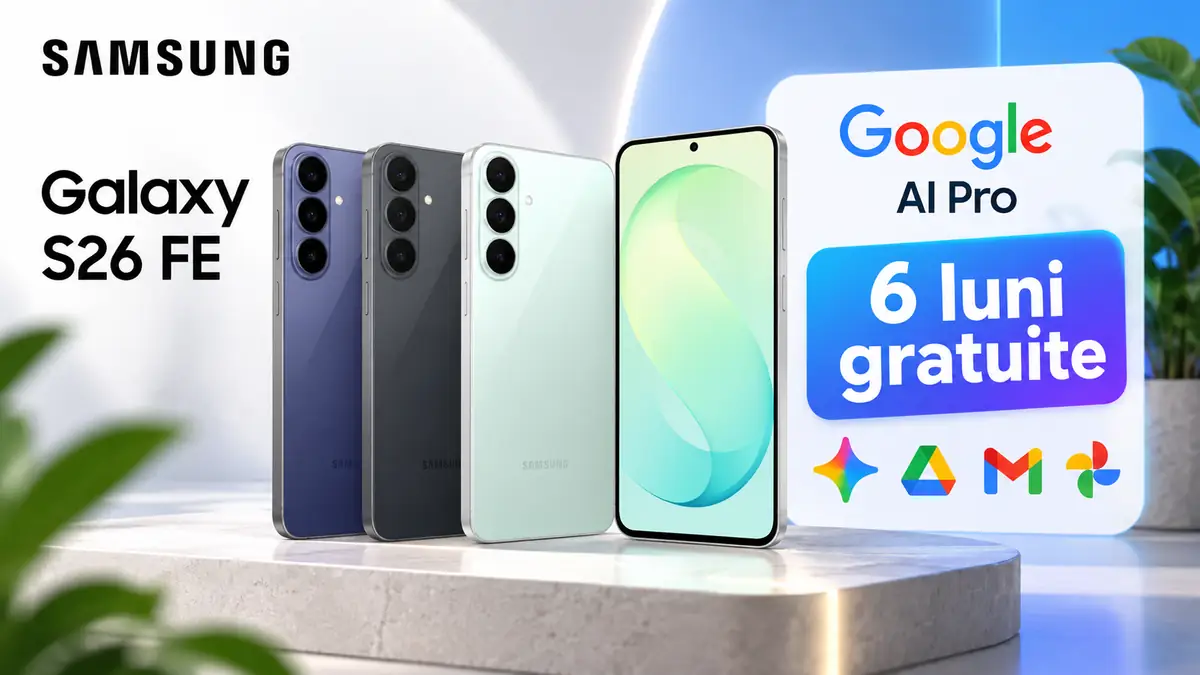Samsung Galaxy S26 FE în mai multe culori, alături de oferta Google AI Pro cu 6 luni gratuite.