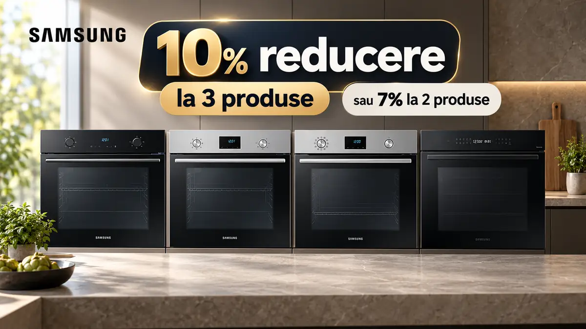 Patru cuptoare Samsung într-o bucătărie modernă, cu ofertă 10% la 3 produse sau 7% la 2 produse.