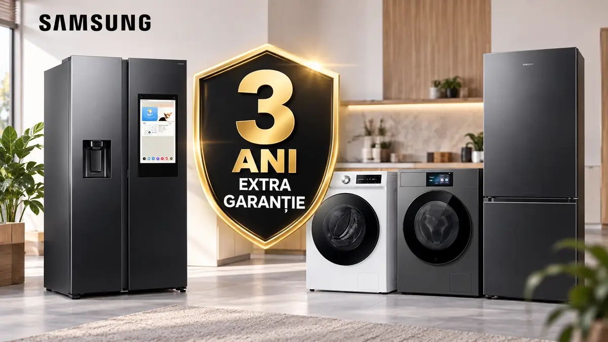 Două frigidere și două mașini de spălat Samsung lângă un scut cu mesajul 3 ani extra garanție.