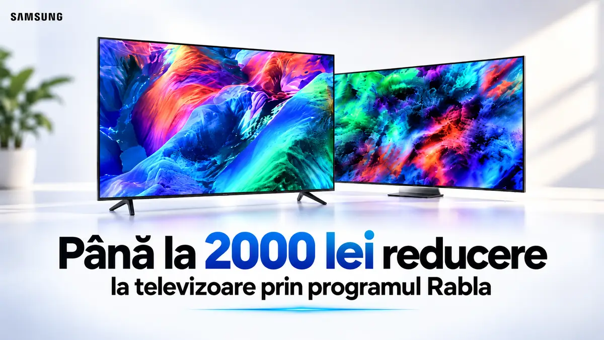 Două televizoare Samsung colorate și textul „Până la 2000 lei reducere” prin programul Rabla