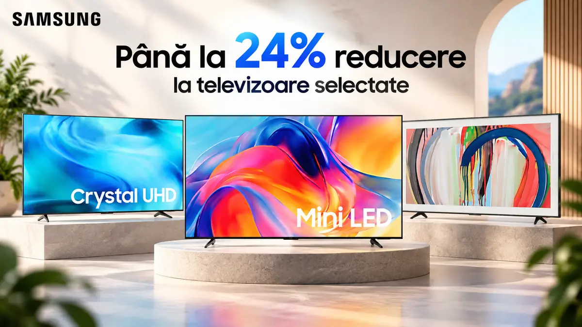 Trei televizoare Samsung într-un decor modern, cu mesajul „Până la 24% reducere la televizoare selectate”.