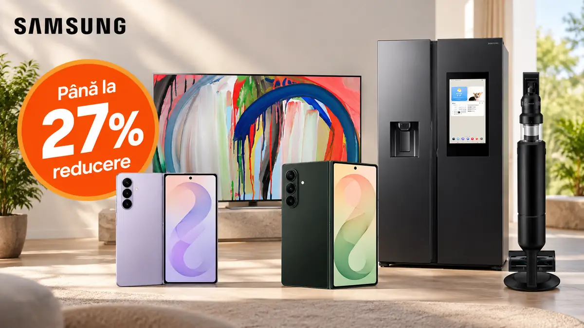 Produse Samsung: două telefoane, televizor, frigider și aspirator, cu mesajul Până la 27% reducere.