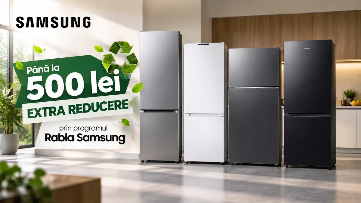 Patru frigidere Samsung într-o bucătărie modernă, cu mesajul Până la 500 lei extra reducere prin Rabla Samsung.