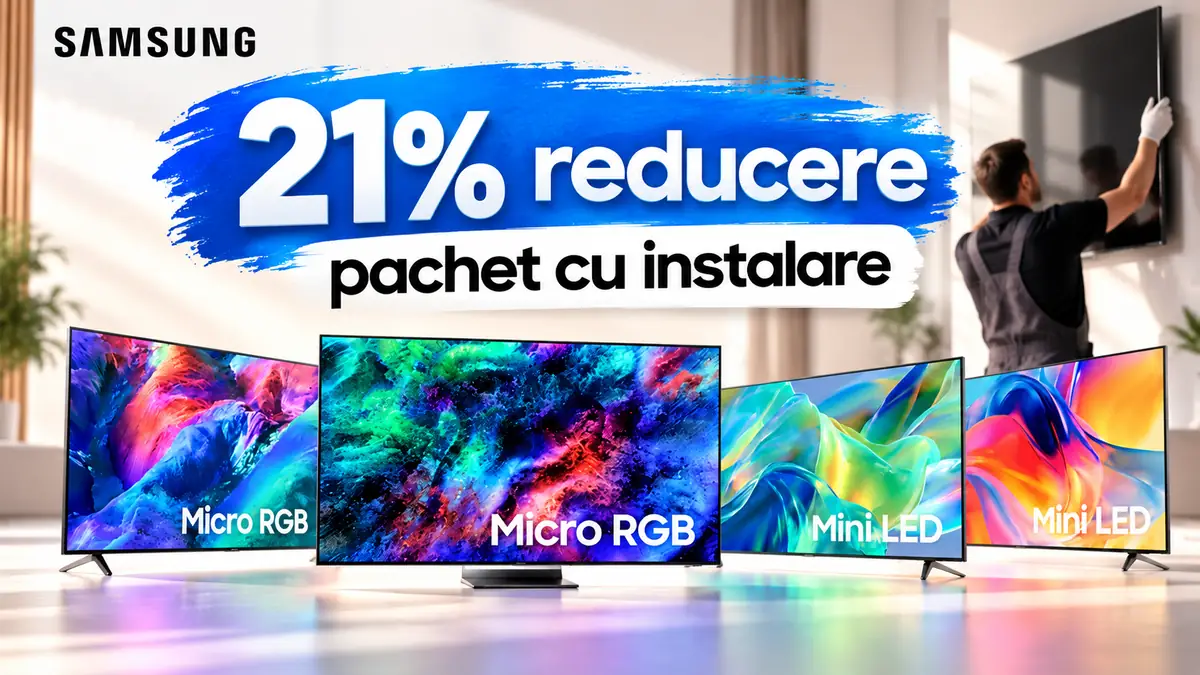 Televizoare Samsung Micro RGB și Mini LED, tehnician la montaj și mesaj promoțional „21% reducere la pachet cu instalare”.
