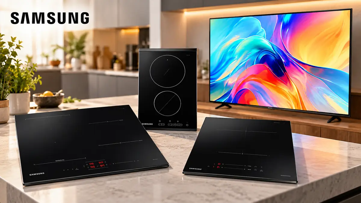 Plite cu inducție Samsung negre pe o insulă de bucătărie, televizor cu ecran colorat și logo Samsung.