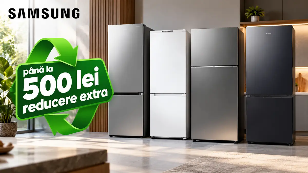Patru frigidere Samsung într-o bucătărie modernă, cu simbol verde Rabla și mesajul „Până la 500 lei reducere extra”.