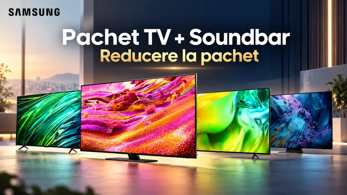Patru televizoare Samsung cu ecrane colorate, într-un decor modern, și textul „Pachet TV + Soundbar – Reducere la pachet”.