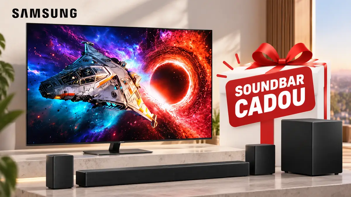 Televizor Samsung cu imagine spațială, soundbar și boxe, lângă un cadou mare inscripționat „SOUNDBAR CADOU”.