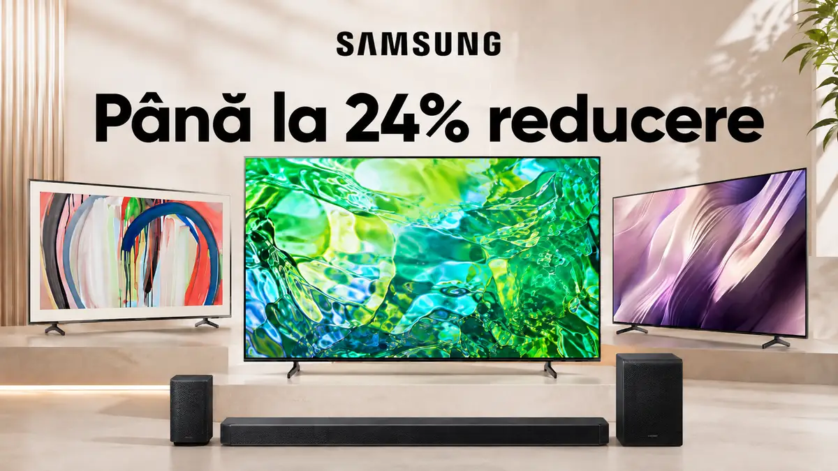Televizoare și soundbar Samsung prezentate într-un decor modern pentru oferta de weekend.