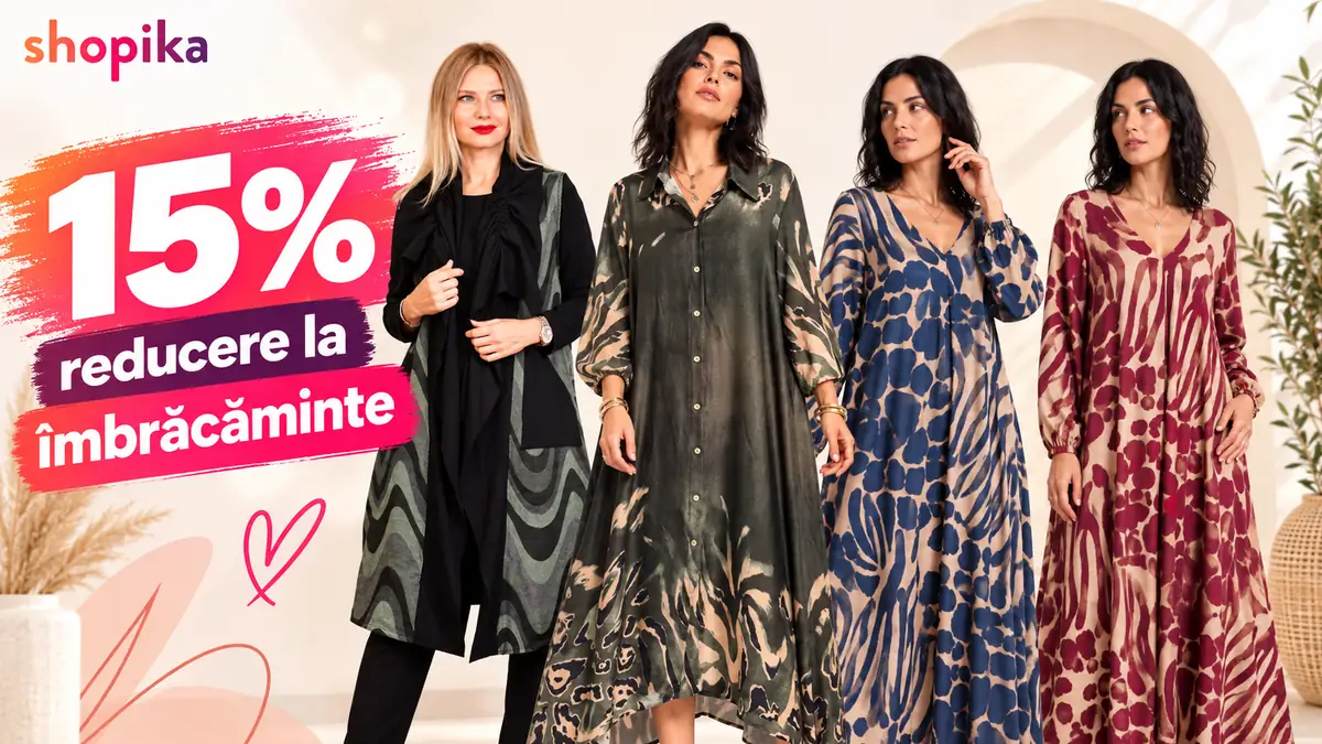 Banner Shopika cu 15% reducere la îmbrăcăminte și patru femei în ținute elegante, pe fundal crem.