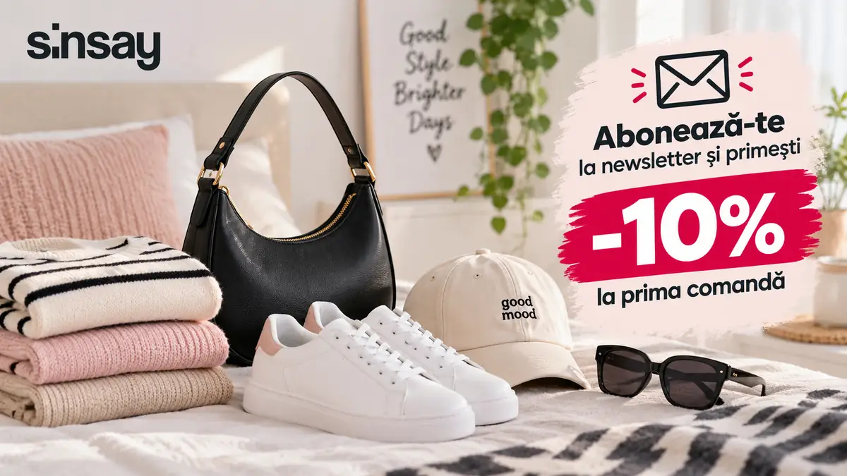 Logo Sinsay lângă haine pliate, geantă neagră, adidași albi și șapcă roz, cu mesaj newsletter -10%.