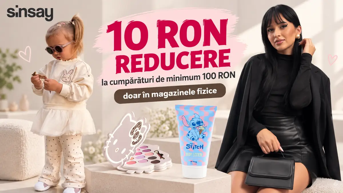 Imagine promoțională Sinsay cu 10 RON reducere, copil, femeie în negru, paletă Hello Kitty și loțiune Stitch.