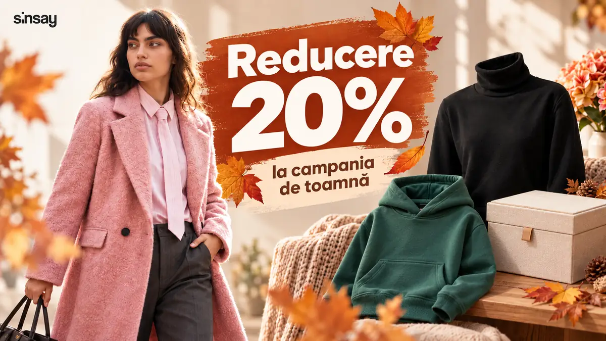 Femeie în palton roz, hanorac verde și pulover negru, alături de mesajul „Reducere 20%” la Sinsay.
